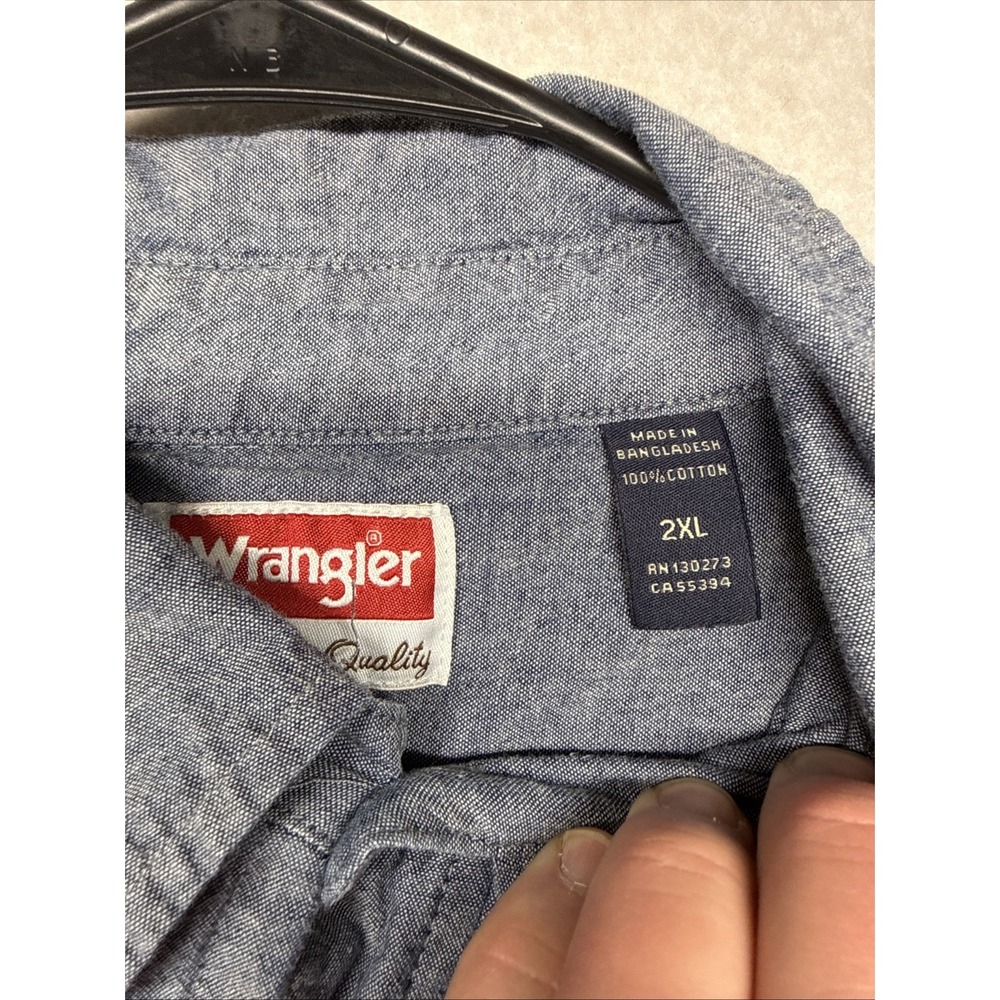Wrangler Mens Blue Chambray Short Sleeve Button Down Shirt 2XL Cotton Workwear - Picture 14 of 14